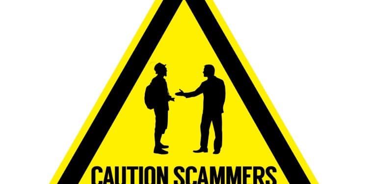 Warning sign depicting a scam interaction, representing common tourist traps travelers should avoid.