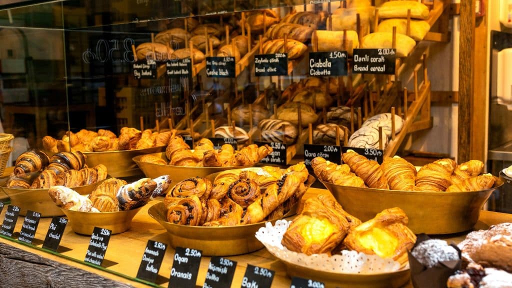 Fresh pastries at a bakery, reflecting the affordable food you can find in European cities.