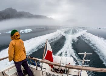 Tourist on a boat tour through icy fjords, enjoying the remote wilderness that defines Greenland travel.