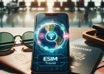 Smartphone with eSIM travel screen beside passport, symbolizing how to get an eSIM for global trips.