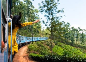 A woman in a yellow dress enjoying the open doorway of the Kandy to Ella train passing through tea plantations.