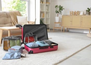 Open suitcase filled with packing cubes and compression bags, a visual example of travel hacks 2025 that balance organization with space savings.