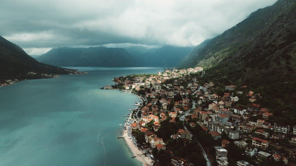 Aerial view of Kotor Bay town captured on a Montenegro travel trip