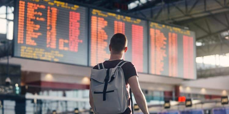 Traveler checking departures board during self transfer flights