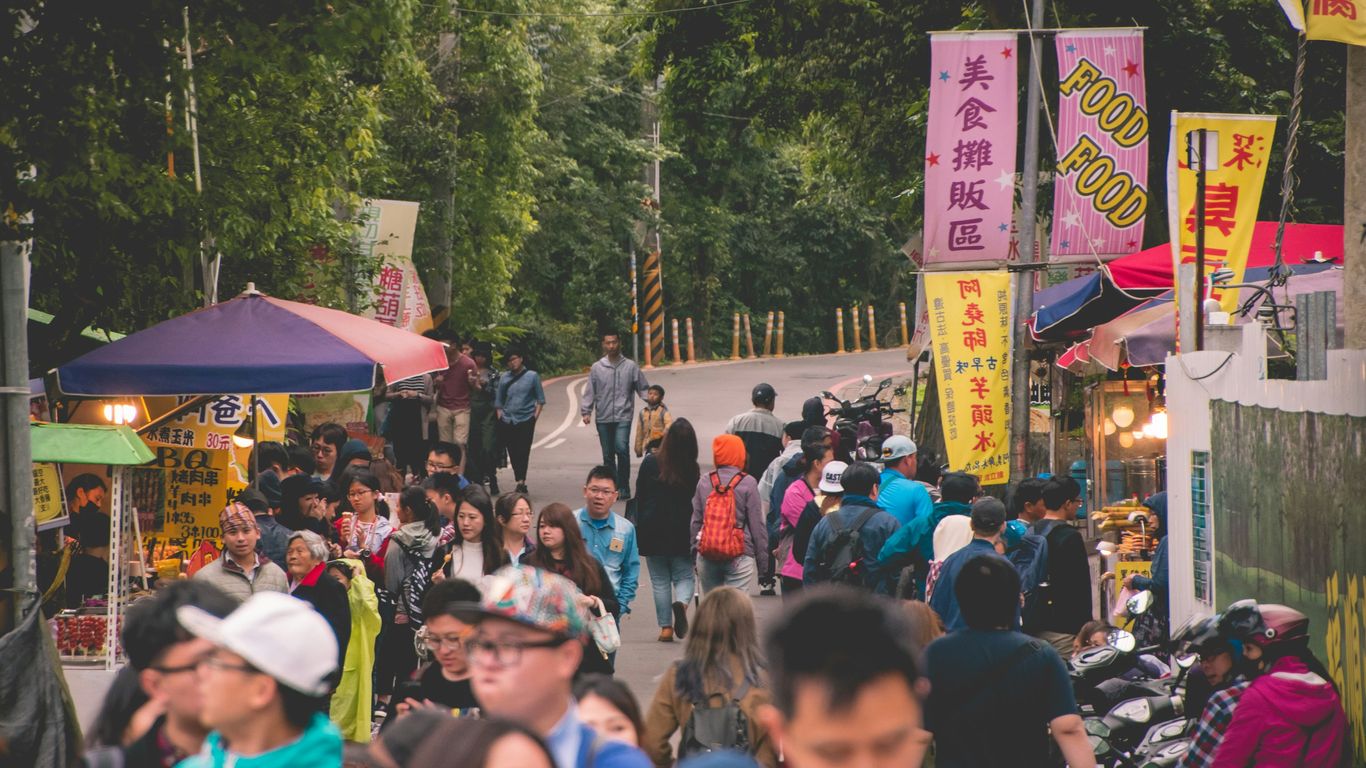 people walking on busy road near tall trees